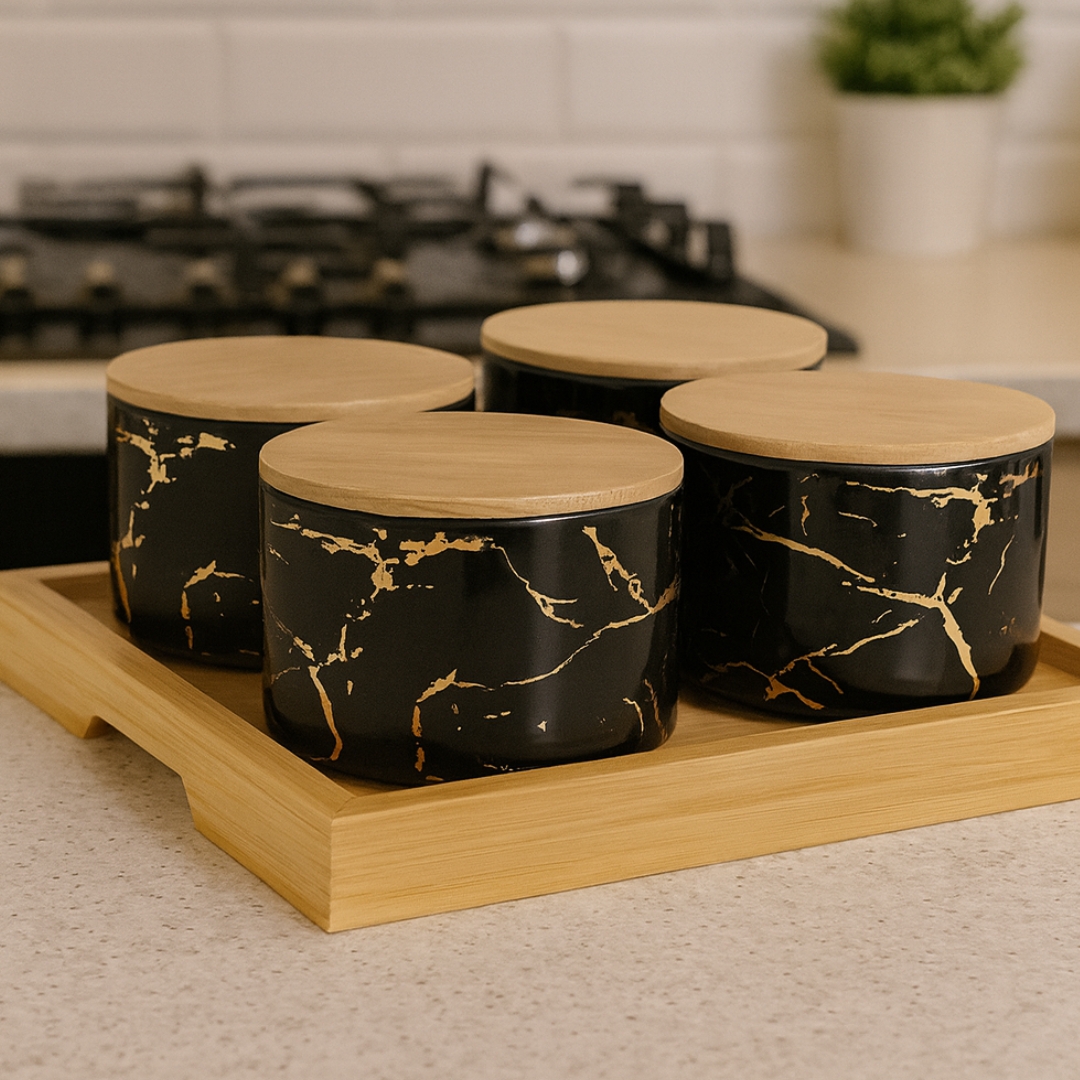  SET POSUDA SA POKLOPCEM NA DRVENOM PLADNJU CRNE 5/1 DP3526 